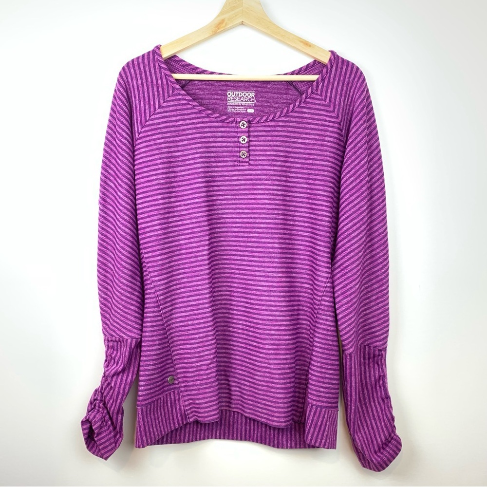 Outdoor Research Mikala Henley Shirt Women Large Pink Purple Stripe Thumbholes